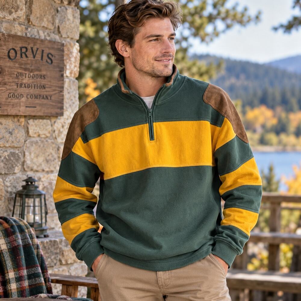Orvis Men’s M 1/4 Zip Pullover Green Yellow Rugby Shooting Shirt Suede Patches
